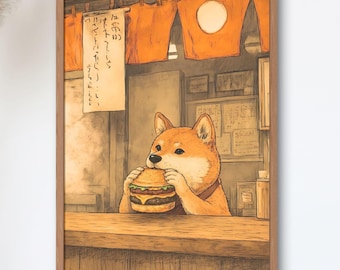 Shiba Inu Burger Poster, Vintage Showa Japanese Wall Art, Hand-Drawn Dog Print, Cozy Diner Kitchen Decor
