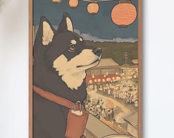 Shiba Tabi No.9 — Summer Festival Night | Black Shiba Watches the Matsuri | Vintage Showa Japanese Travel Poster