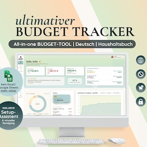 Peut inclure: Un outil de suivi budgétaire numérique affiché sur un écran d'ordinateur, présentant un tableau de bord avec des données financières, des graphiques et le texte "ultimativer BUDGET TRACKER". L'interface inclut des sections pour les revenus, les dépenses et l'épargne, avec des icônes pour HTML, sans abonnement, achat unique et confidentialité.