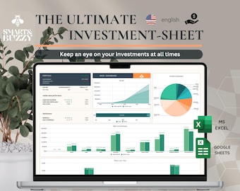 May include: A laptop computer screen displaying a spreadsheet with charts and graphs. The spreadsheet is titled "The Ultimate Investment Sheet" and includes data on portfolio performance, main dashboard, and monthly compounding. The spreadsheet is compatible with Microsoft Excel and Google Sheets.