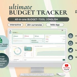 Può includere: Un monitor di computer che mostra l'interfaccia dell'applicazione web Ultimate Budget Tracker con dati finanziari, grafici e menu. Lo schermo mostra riepiloghi di entrate, uscite e risparmi. Il testo include Smart & Buzzy, No Excel/Google Sheets needed, Includes Setup-Assistant & virtual tour, HTML, No subscription, buy once, 100% private e YouTube Tutorial.