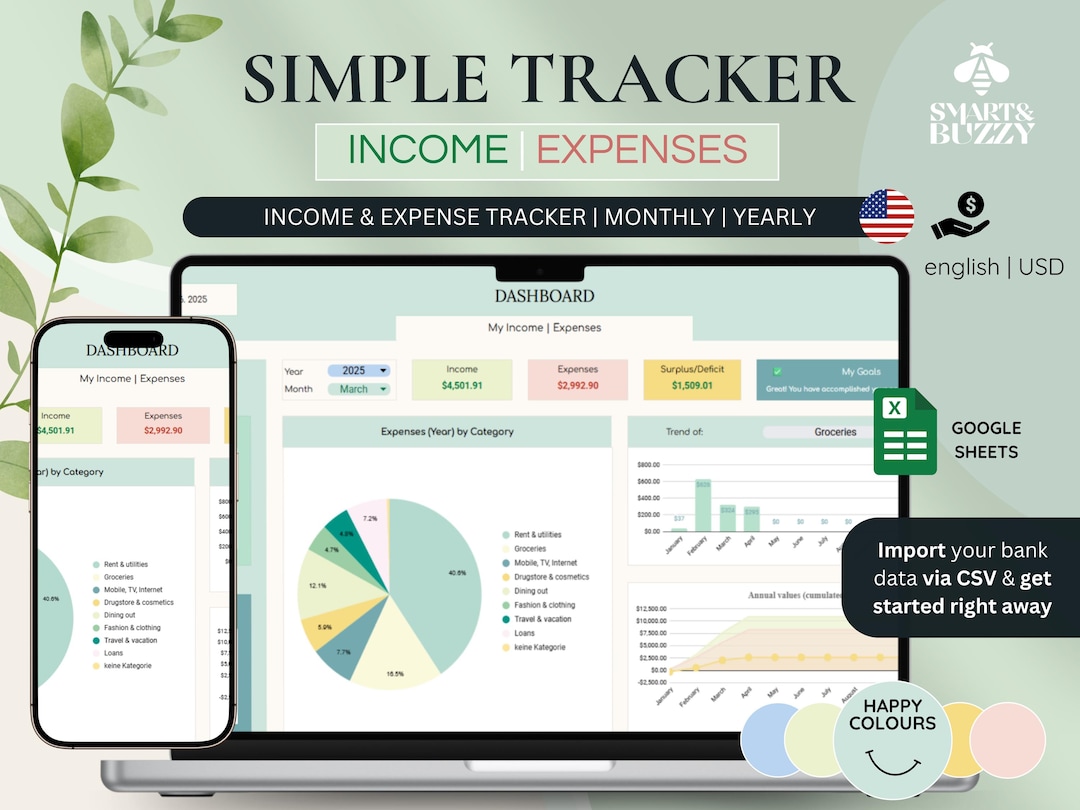 Monthly Income and Expense Tracker, Simple, Google Sheets, Budget ...