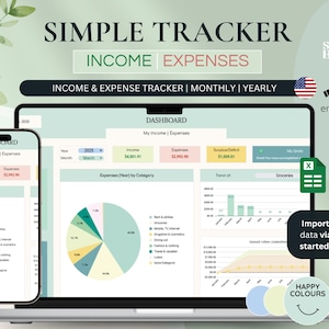 Könnte beinhalten: Ein Laptop und ein Smartphone zeigen ein Finanz-Dashboard mit Einkommens- und Ausgabenverfolgung. Der Bildschirm zeigt Diagramme und Grafiken mit dem Text "SIMPLE TRACKER INCOME EXPENSES". Das Bild enthält den Text "INCOME & EXPENSE TRACKER | MONTHLY | YEARLY".