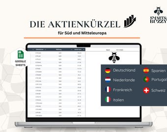 Könnte beinhalten: Ein Laptop-Bildschirm zeigt eine Tabelle mit Aktienkürzeln und einer Liste von Ländern in Europa. Die Tabelle ist mit "DIE AKTIENKÜRZEL" betitelt und die Länder sind mit ihren Flaggen aufgelistet. Der Laptop steht auf einer weißen Oberfläche mit einem sechseckigen Muster.