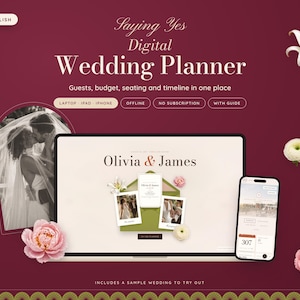 Könnte beinhalten: Ein digitaler Hochzeitsplaner auf einem Laptop- und Smartphone-Bildschirm vor dunkelrotem Hintergrund. Der Text lautet Saying Yes Digital Wedding Planner, Guests, budget, seating and timeline in one place und Olivia & James.