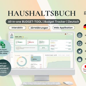 May include: A computer monitor displaying the Smart & Buzzy Haushaltsbuch budget tool interface. The screen shows financial data, charts, and navigation menus. Text includes All-in-one BUDGET-TOOL, 20+Währungen, Web Applikation, and Setup-Assistent.