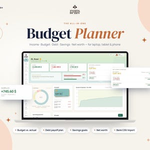 Income Expense Tracker, Budget Planner Monthly Yearly, 50/30/20 Budget, Savings & Debt Tracker, CSV Import, Dark Mode, No Subscription, HTML