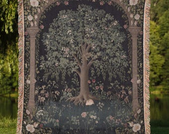 Manta tejida con árbol medieval, tapiz botánico, estética medieval, tapiz nórdico, decoración renacentista, decoración cottagecore y de fantasía.