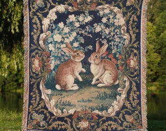 Manta tejida Cottagecore Bunny, decoración vintage con estampado floral de conejos, manta gótica de conejos, regalo romántico para parejas, Sr. y Sra.