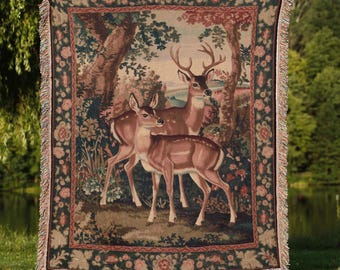 Rustic Deer Family Woven Blanket Cottagecore Room Decor Vintage Nature Tapestry Nordic Fairycore Grunge Forestcore Woven Tapestry Throw