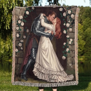Medieval Knight & Lady Kiss Woven Blanket – Romantic Fantasy Tapestry Throw - Fairycore Home Decor, Romantic Knight and Princess Blanket