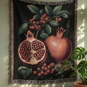 Pomegranate Botanical Woven Blanket, Dark Vintage Fruit Tapestry Throw, Witchy Cottagecore Blanket, Moody Black Botanical Home Decor Gift