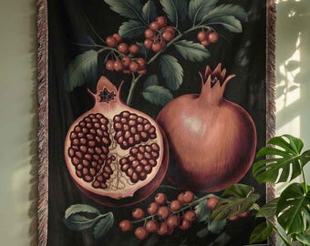 Pomegranate Botanical Woven Blanket, Dark Vintage Fruit Tapestry Throw, Witchy Cottagecore Blanket, Moody Black Botanical Home Decor Gift