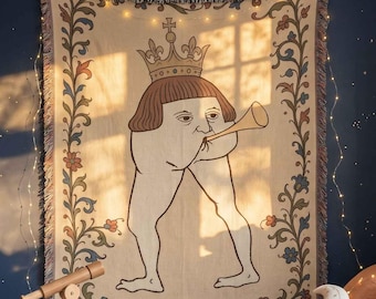 Funny Medieval Woven Blanket, Weird Medieval Art Tapestry Throw, Cursed King Meme Blanket, Dark Humor Cottagecore Quirky Funny Home Decor