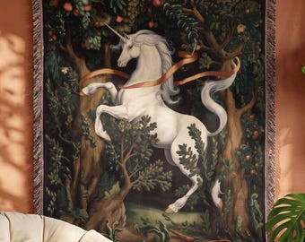 Medieval Unicorn Woven Blanket, Mystical Forest Tapestry Throw, Cottagecore Fantasy Blanket, Vintage Mythical Unicorn Dark Green Decor