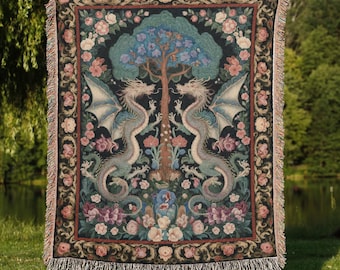 Manta tejida con diseño de dragón de fantasía del árbol de la vida mítico, diseño floral medieval, decoración de fantasía, amuleto de bosque, manta tejida Whimsigoth