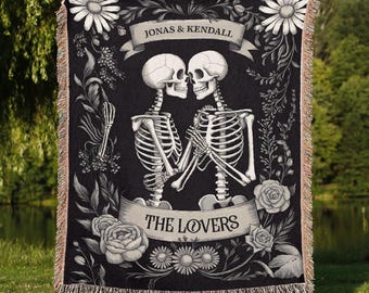 Personalized The Lovers Skeleton Couple Woven Blanket Gothic Romance Wedding or Anniversary Gift with Dark Floral Art Spooky Unique Gift