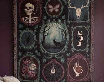 Gotisch geweven deken, donkere cottagecore-deken, huisdecor Witchy, schedelskelet zwarte kat spinnenweb franjedeken, gotisch cadeau