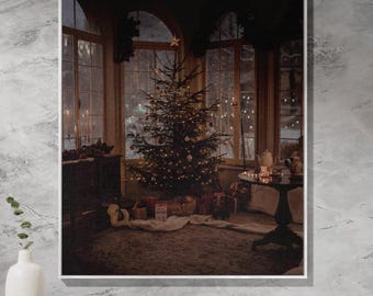 Manta acogedora para árbol de Navidad: manta tejida navideña con escena invernal vintage, árbol de Navidad vintage y decoración navideña nevada.