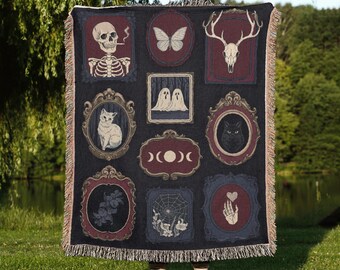 Cabinet of Curiosities Woven Blanket Witchcore Gothic Woven Throw Skull Bat Antique Decor Gift For Witchy Friend Tapestry Blanket Decor
