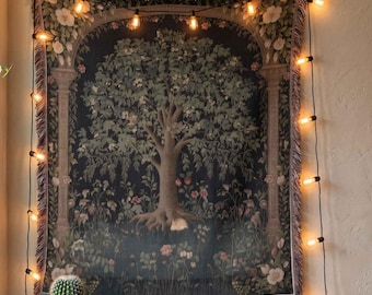 Tree of Life Woven Blanket, Dark Cottagecore Tapestry Throw, Medieval Forest Blanket, Botanical Gothic Throw, Vintage Nature Home Decor