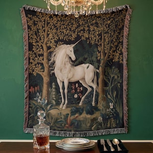 Medieval Unicorn Woven Tapestry Blanket Whimsigothic Dark Cottagecore Mythical Forest Art Fairycore Gothic Aesthetic Witchy Tapestry Throw