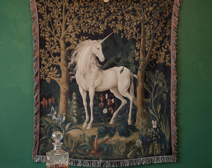 Medieval Unicorn Woven Tapestry Blanket Whimsigothic Dark Cottagecore Mythical Forest Art Fairycore Gothic Aesthetic Witchy Tapestry Throw