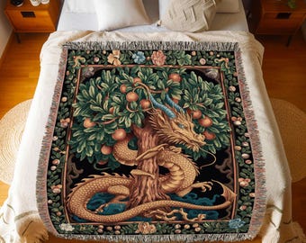 Ethereal Dragon Tapestry Woven Blanket Antique Mystical Tree Fairytale Decor Dark Academia Aesthetic Woven Throw Tapestry Victorian Gothic