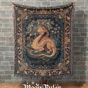 Victorian Gothic Dragon Tapestry Woven Blanket Dark Fairytale Aesthetic Whimsigothic Dark Academia Decor Witchy Goblincore Woven Throw