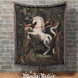 Medieval Unicorn Woven Blanket, Mystical Forest Tapestry Throw, Cottagecore Fantasy Blanket, Vintage Mythical Unicorn Dark Green Decor image 7