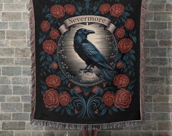 Manta tejida Fairycore Raven Nevermore, decoración de brujas, tapiz de paisaje para dormitorio, regalo Cottagecore, Dark Academia, decoración espeluznante y caprichosa