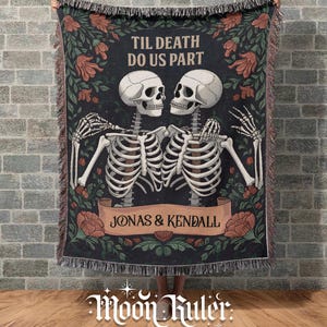 Personalized Til Death Do Us Part Skeleton Couple Blanket Victorian Gothic Spooky Cozy Blanket Skeleton Couples Anniversary Custom Gift