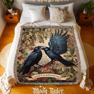 Personalized Raven Couple Woven Blanket Romantic Woodland Bird Tapestry Throw Gothic Raven Tapestry Dark Academia Aesthetic Custom Name Gift