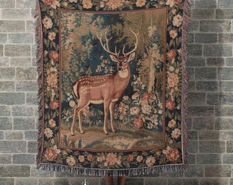 Forest Spirit Majestic Deer Woven Blanket Cottagecore Room Decor Vintage Nature Tapestry Ethereal Deer Aesthetic Fairycore Cozy Throw