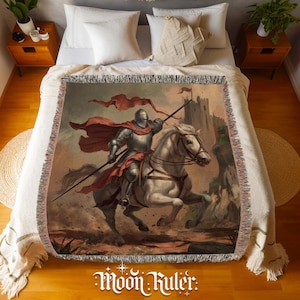 Medieval Knight Tapestry Throw Blanket Heroic Horseback Warrior Art with Castle and Red Cloak - Medieval Knight Vintage Historical Decor