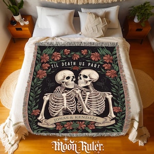 Personalized Til Death Us Part Skeleton Couple Woven Blanket Victorian Gothic Spooky Wedding Skeleton Couples Anniversary Custom Gift