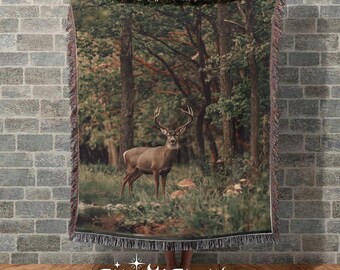 Dreamy Aesthetic Folklore Woven Blanket Mystic Deer Rustic Forest Botanical Fantasy Cottagecore Deer Enchanted Forest Aesthetic Fairycore