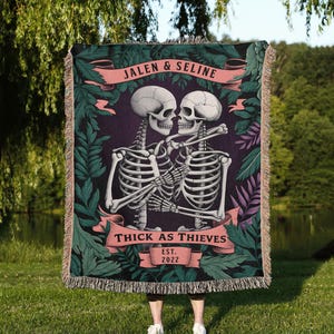 Personalized Dark Botanical Skeleton Couple Blanket Thick as Thieves Spooky Halloween Skeleton Tapestry His & Hers Anniversary Gift Custom