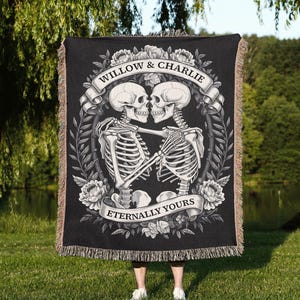 Personalized Skeleton Lovers Eternally Yours Blanket Gothic Wedding-Anniversary Gift Custom Blanket Spooky Skeleton Dark Romantic Tapestry