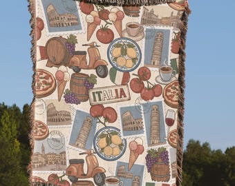 100% Cotton Italy Woven Blanket – Vintage Travel, Mediterranean Home Décor