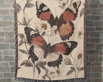 Manta tejida con mariposas estilo cottagecore, manta de algodón acogedora con mariposas vintage, regalo para abuela, tapiz natural, decoración rústica estética para el hogar.