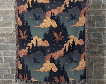 Dragons Woven Blanket: Enchanted Night Sky Cotton Throw