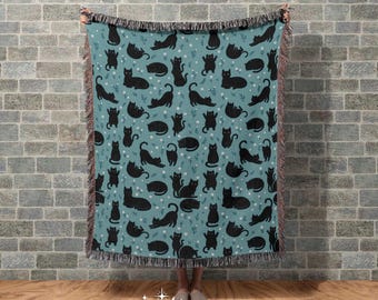Floral Cat Woven Blanket