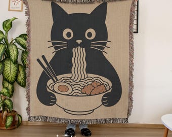 Cat Eating Ramen Woven Blanket | Funny Heirloom Throw, Kawaii Noodle Cat Design