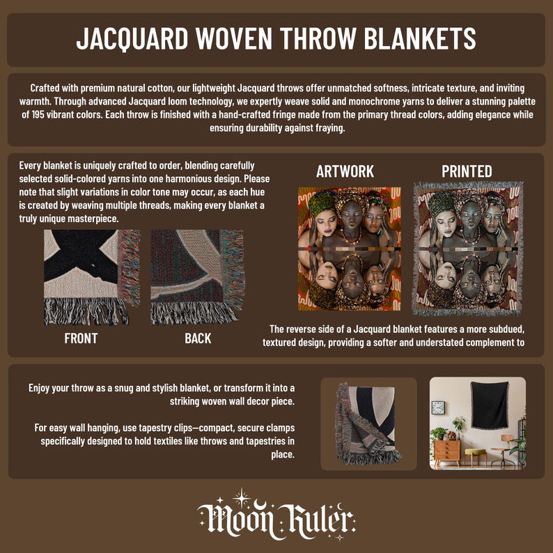 May include: A promotional graphic for Jacquard woven throw blankets featuring text, product close-ups showing front and back fringe details, a comparison between artwork and printed versions, and a display of the blanket as wall decor.