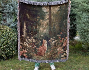 Cottagecore Cat Woven Blanket: Woodland Garden Floral Throw