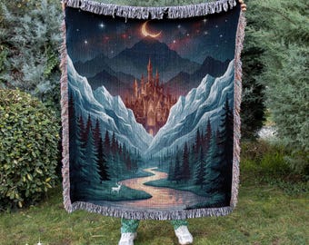 Woven Tapestry Blanket – Fantasy Bookish Celestial Mountain City Scene