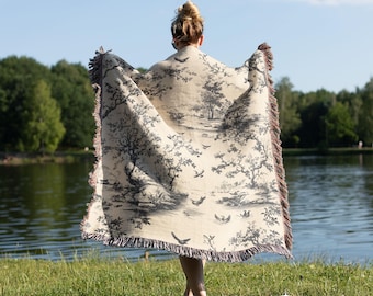 Manta tejida Toile en color crema y negro, manta para sofá de algodón Cottagecore, decoración vintage de estilo rústico, bonito regalo para ella.