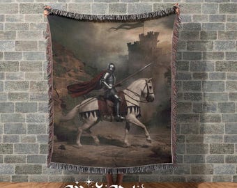 Tapiz gótico - Manta tejida con diseño de caballero medieval - Estilo cottagecore oscuro - Decoración luminosa con diseño de caballero medieval - Decoración histórica vintage