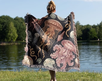 Jellyfish Woven Throw Blanket | Vintage Nautical Coastal Ocean Tapestry, Beach House Sea Life Decor